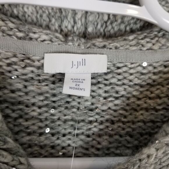 J.Jill  Women Long Hooded Zinc Multi Sequined Cardigan Sz L Gray Sweater - Picture 7 of 10